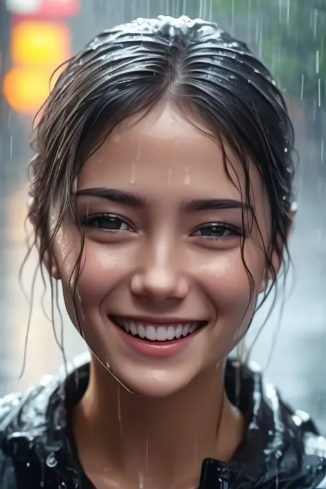 Masterpiece, best quality, sharp focus. Medium shot. Photo of a beautiful girl smiling. in the rain Hyper realistic, fine details, detailed skin texture.   <lora:rainface:0.9>