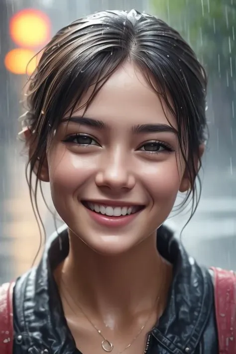 Masterpiece, best quality, sharp focus. Medium shot. Photo of a beautiful girl smiling. in the rain Hyper realistic, fine details, detailed skin texture.   <lora:rainface:0.7>