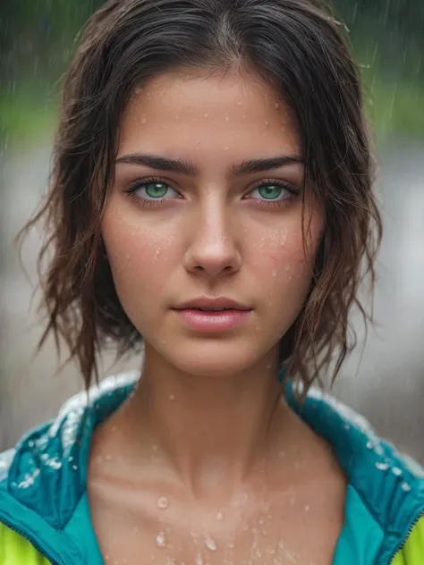 cerulean light dominant, stunning girl, white pale skin, black hair, green eyes, dsrl, nikon d80, 80mm lens, soft palette colors, 16k, vRay render, cleavage, taken outside in the rain, wet face, wet clothes  <lora:rainface:0.7>