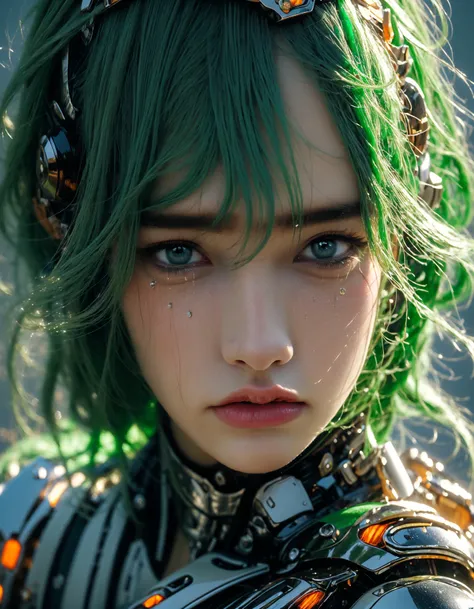 (dramatic, gritty, intense:1.4),masterpiece, best quality, 32k uhd, insane details, intricate details, hyperdetailed, hyper quality, high detail, ultra detailed, Masterpiece, (blue eyes:1.3)green hair
An angel-faced female robot, Have tears in ones eyes,...