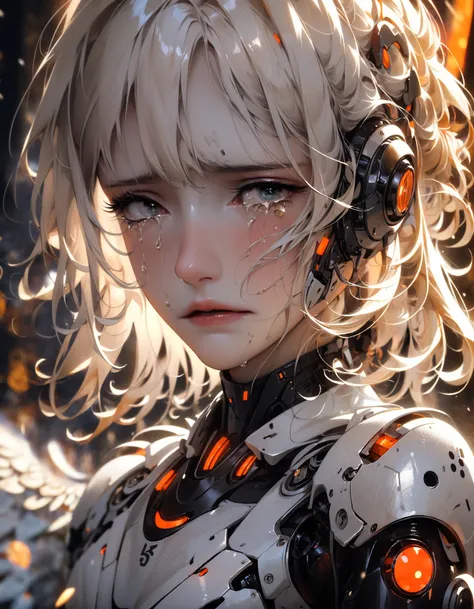 (dramatic, gritty, intense:1.4),masterpiece, best quality, 32k uhd, insane details, intricate details, hyperdetailed, hyper quality, high detail, ultra detailed, Masterpiece, (black eyes:1.3)black hair
An angel-faced female robot, Have tears in ones eyes...