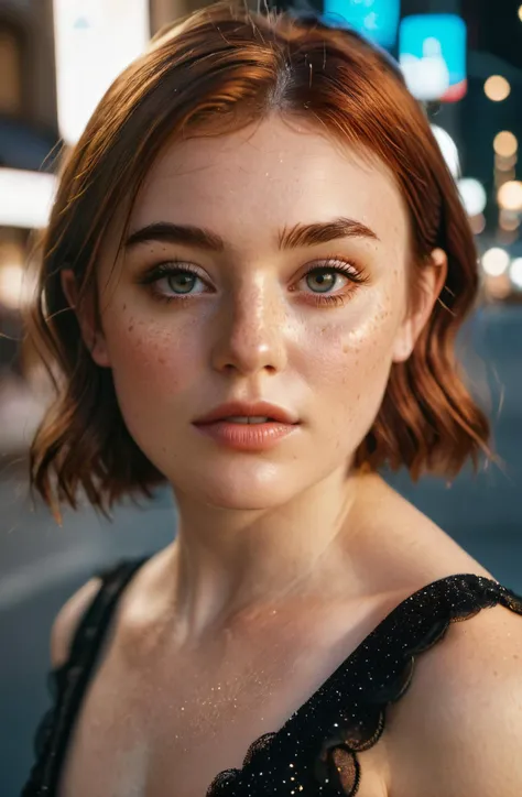 Hyperrealistic art <lora:D4phneFrench:0.7>,d4phnefrench,freckles,black evening dress,new york city street corner at night, Thorough,analog style,female focus,highest quality,(highly detailed skin),perfect face,skin pores,(bokeh:0.6),sharp focus,dappled lig...