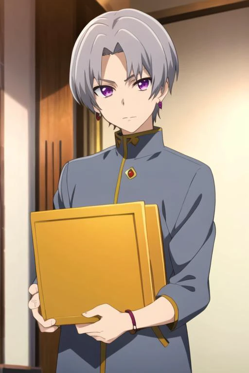 masterpiece, best quality, , 1boy, solo, male focus, looking at viewer, , , <lora:faios_shironeko:0.64>, faios_shironeko, purple eyes, jewelry, grey hair, gakuran,