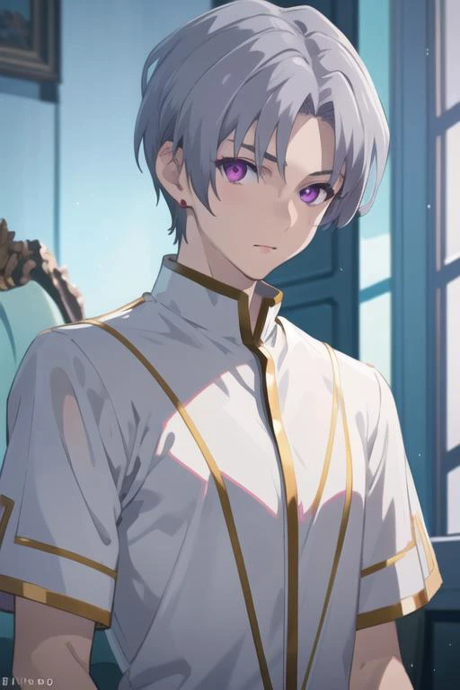 masterpiece, best quality, photorealistic, 1boy, solo, male focus, looking at viewer, upper body, , <lora:faios_shironeko:0.72>, faios_shironeko, purple eyes, , grey hair, pajamas,