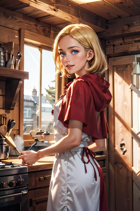 girl, blonde hair, blue eyes, red dress, apron,capelet, looking at viewer, smiling, 
standing inside a cabin kitchen, wood interior, cooking, window, natural lighting, extreme detail, masterpiece, <lora:bbh:.8>