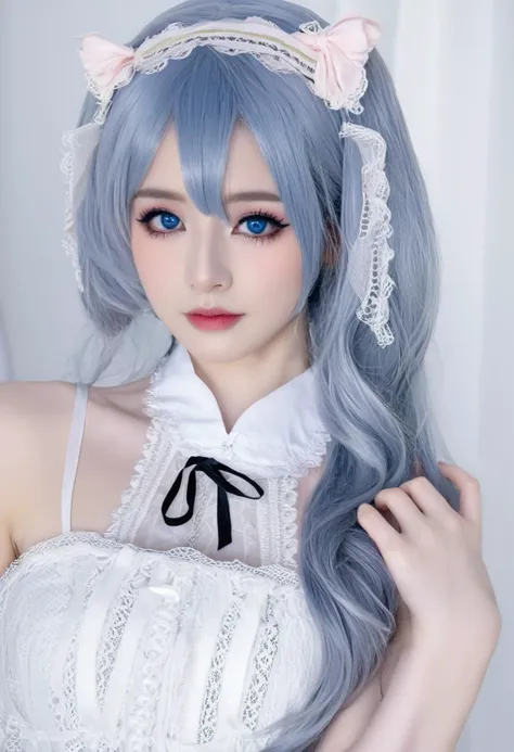 cosplayer, female, blue-grey hair, anime-inspired makeup, contact lenses, large eyes, lace headband, white and black lace dress,...