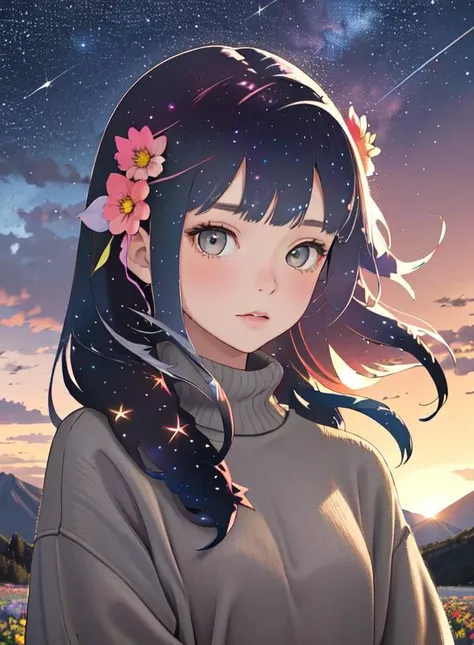 high quality, best quality, masterpiece, detailed portrait of female 1girl, (long starry sky dawn sunrise hair:1.2), warm lighting, cute, oversized grey sweater, galaxy, scenery, mountains, multicolored flowers in hair, <lora:hair_with_scenery:0.9>