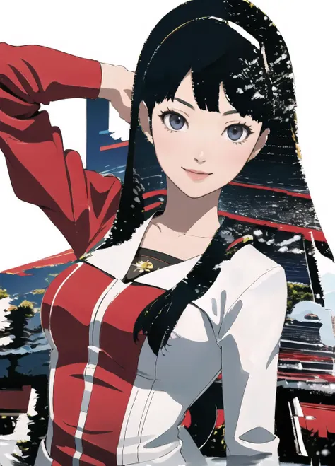 hyperrealistic,3d,(masterpiece:1.2),best quality,absurdres,8k resolution,1girl,amagi yukiko,smile,looking at viewer,(upper body),snow,from below,hair flown,white background,