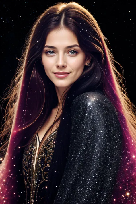 ((best quality)), ((masterpiece)), (detailed),4k, portrait, beautiful woman, long hair, flowing hair,  small smile,galaxy, black background,  <lora:hair_with_scenery:1>