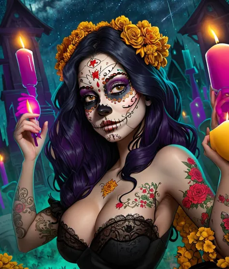 hi res, masterpiece, curvy, a beautiful woman sitting on a gravestone, catrina makeup, long big wavy inky black hair, marigolds, black frilly  lacy goth dress,  marigold flower crown, graveyard, magical, dreamy, mysterious, starry night sky, melted candles...