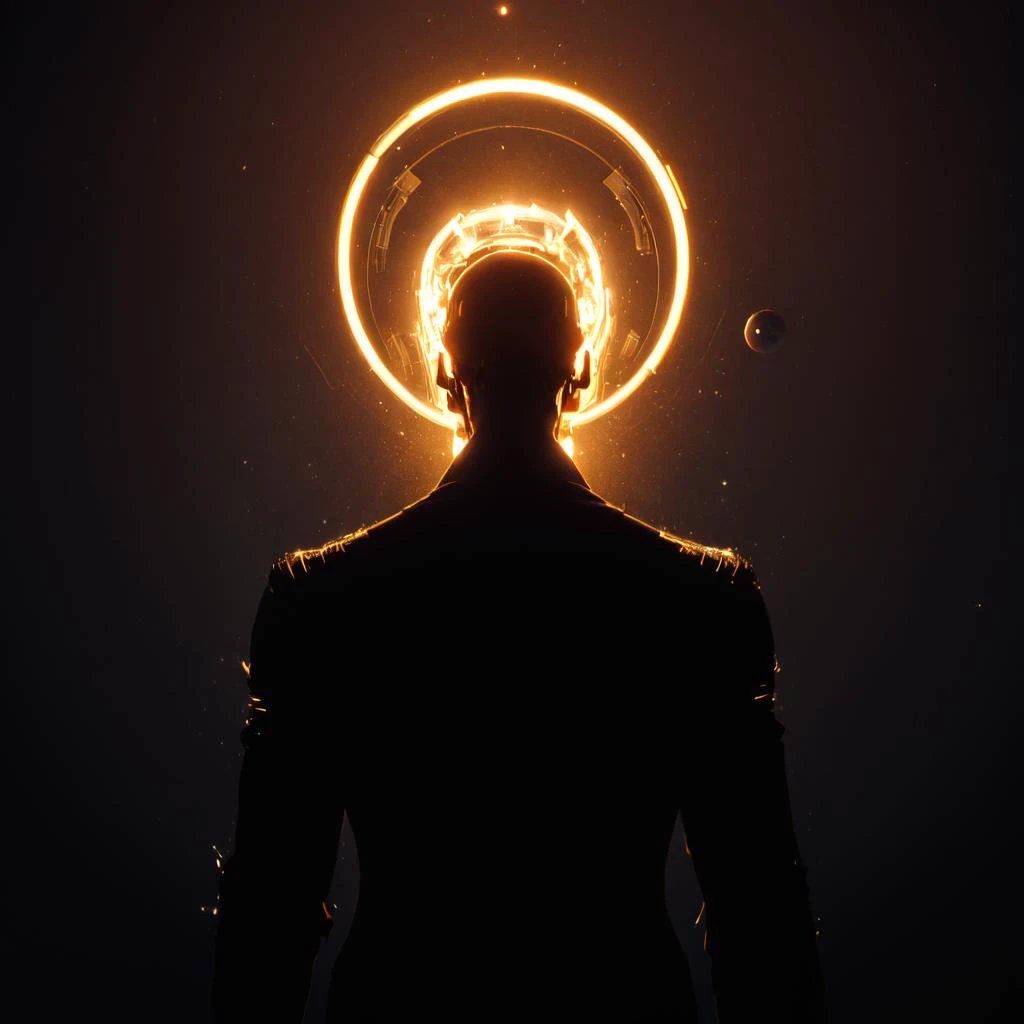 a man with a halo around his head in the dark