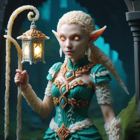 hyper detailed masterpiece, dynamic, awesome quality,styr2 female  elf, humanoid creature, slender, graceful, pointed ears, fair colored hair, almond shaped eyes with vibrant colors, ageless appearance, otherworldly ethereal glow, elaborate nature inspired...