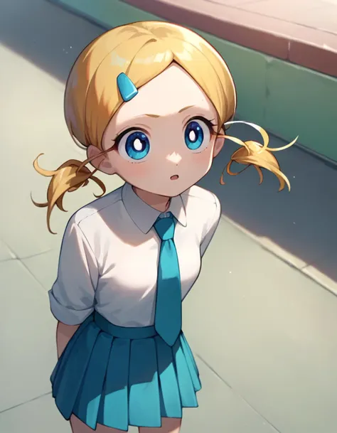 anime girl with blonde hair and blue eyes in a school uniform