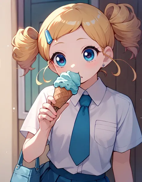 anime girl with blonde hair eating ice cream cone in front of door