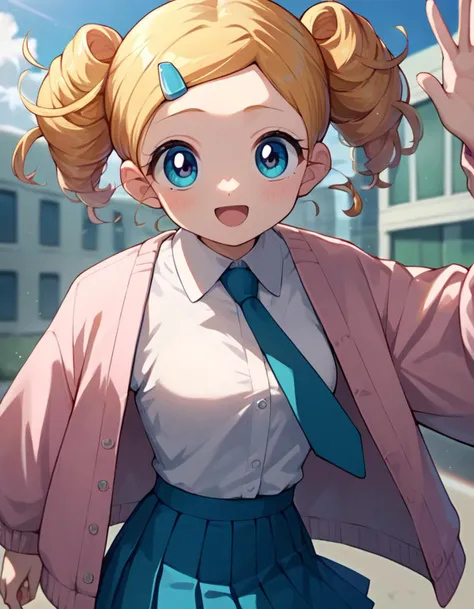 anime girl with blonde hair and blue eyes waving in front of a building