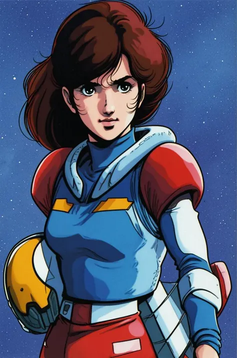 a science fiction pilot girl,
brown hair,
cleaveage,blue uniform,standing,holding a helmet,dynamic angle,
in a spaceship
watercolor (medium),
retro artstyle,1980s style,
<lora:LCM_LoRA_Weights_SD15:1>,<lora:ç¾æ æ¬æ´å½¦V3:1>,