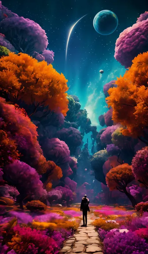 a man walking down a path in a colorful forest