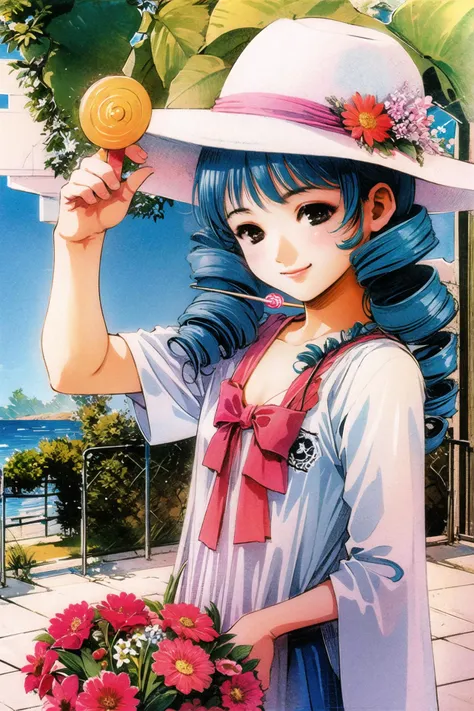 anime girl with blue hair and a white hat holding a lollipop