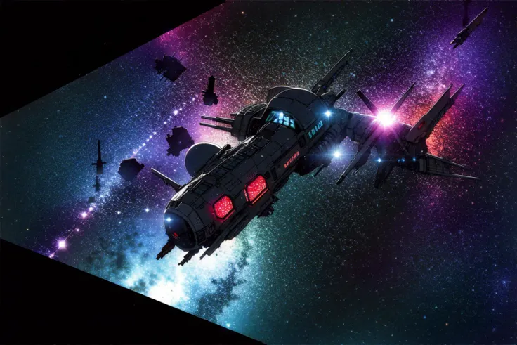 masterpiece, grimdark, retro sci-fi scenery, lens flare, nebula, stars, (in space, space), dark, ((panoramic,)) (derelict starship ((floating in space)) surrounded by metal debris), lifeless space hulk, dead spaceship, sci-fi, uhd, extremely detailed, 8k, ...