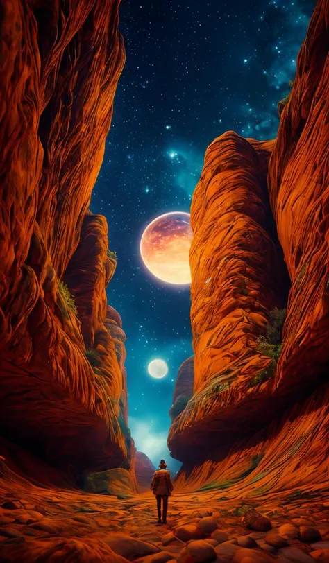 a man standing in a desert looking at the moon