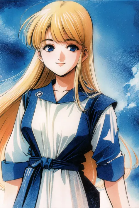 a close up of a woman with long blonde hair wearing a blue and white dress