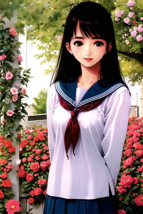 anime girl in a sailor suit standing in front of a garden of flowers