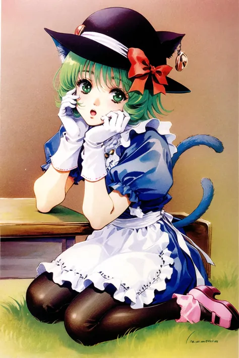 anime girl with green hair and a black hat sitting on a bench