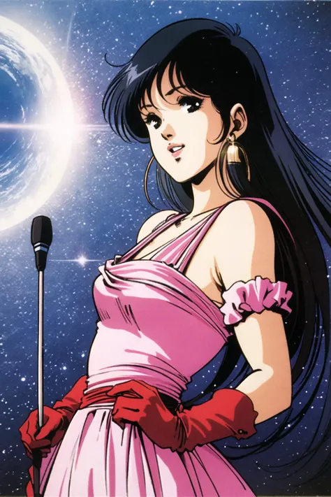 a woman in a pink dress holding a microphone in front of a moon