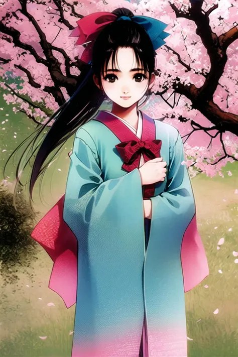 a close up of a woman in a kimono outfit standing in front of a tree