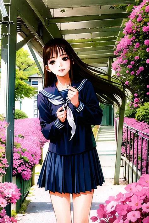 anime girl in a blue dress and white shirt standing in front of a flower garden