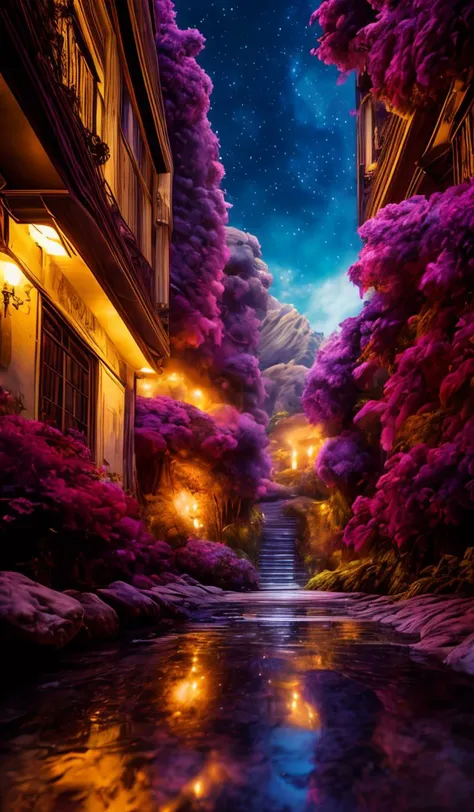 a river runs through a narrow alley with purple flowers