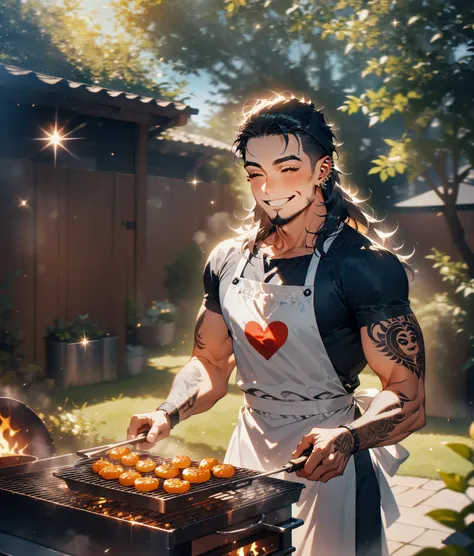 anime guy cooking food on a grill outside in the sun