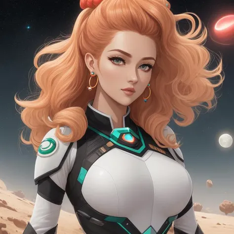 astroneer uniform, Temptress, Short, Athletic, Heart-Shaped Face, Fair Skin, Strawberry Blonde Hair, jade Eyes, Narrow Nose, Thick Lips, Prominent Chin, Long Hair, Coarse Hair, Shoulder-Length Curls, soft breasts, Huggie earrings, coral, cream lipstick, De...