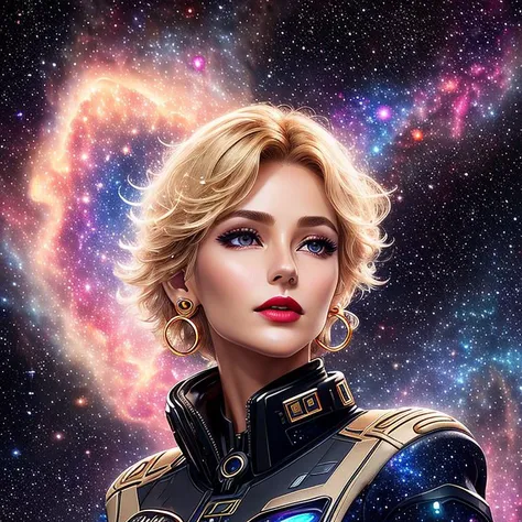 pilot uniform, Visionary, Short, Toned, Heart-Shaped Face, Fair Skin, Blonde Hair, Hazel Eyes, Long Nose, Thin Lips, Prominent Chin, Long Hair, Coarse Hair, Shaggy Cut, firm breasts, Dangle earrings, cream sheer lipstick, A cluster of nebulae, with their e...