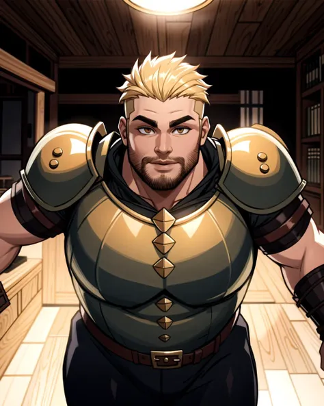 ((masterpiece), best quality, high quality, professional quality, highly detailed, highres, perfect lighting, natural lighting), (1boy, overweight, handsome, no facial hair, short hair, blonde hair), wearing armor, running, in a fantasy town