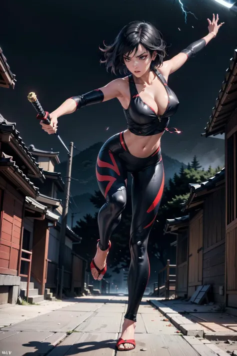 full body, imagine a beautiful and cool female ninja in the Sengoku period, portrayed within a mysterious and captivating atmosphere, reflect the womans attire in a modern and impressive interpretation of traditional kunoichi clothing, Design her appearanc...