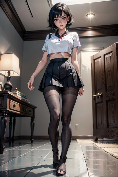 below, feet focus, indoor, bedroom, (black pleated mini skirt), black pantyhose, (white top), no shoes, red lips, jet black hair, short hair, huge breast:1.4, sagging breast, curvy, (master piece, best quality, intricate details, sharp focus, UHD, 8K, Ultr...