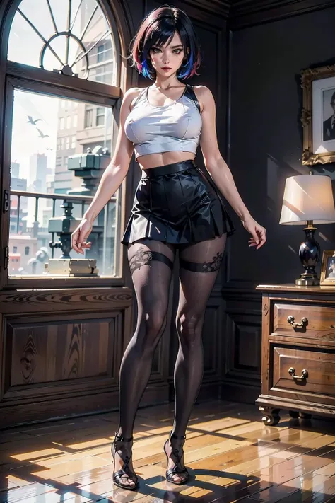 full body, indoor, bedroom, fabric and lace outfit, (black pleated mini skirt), black pantyhose, (white top), no shoes, red lips, jet black hair, short hair, huge breast:1.4, sagging breast, curvy, (master piece, best quality, intricate details, sharp focu...