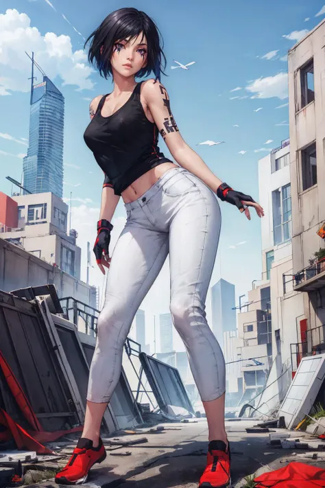 <lora:FaithMirror:0.8> FaithMirror, 1girl, black hair, face tattoo, full body, gloves, looking at viewer, pants, realistic, shoes, short hair, sky, solo, tank top