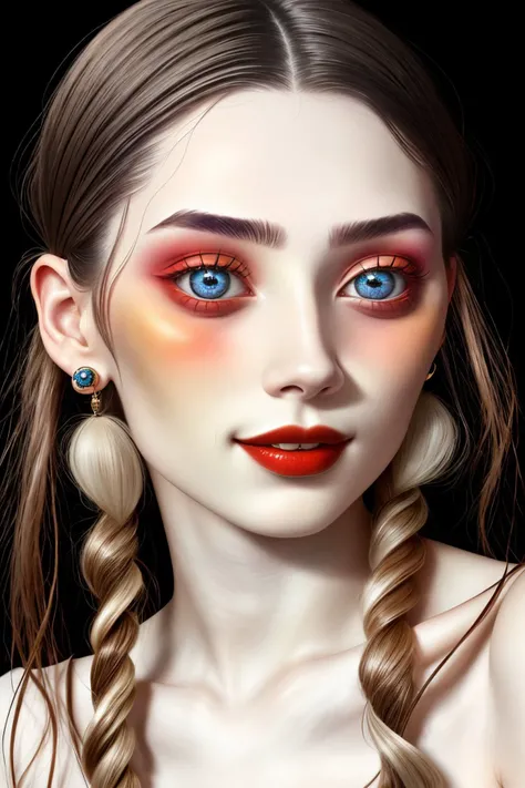 (surreal depiction of, dreamlike, bizarre, detailed, Dali inspired:1.2) <lora:MaryAmber_v1-000020:.9> MaryAmber, focus on eyes, close up on face, laughing, wearing jewelry, mink color hair styled herringbone braid