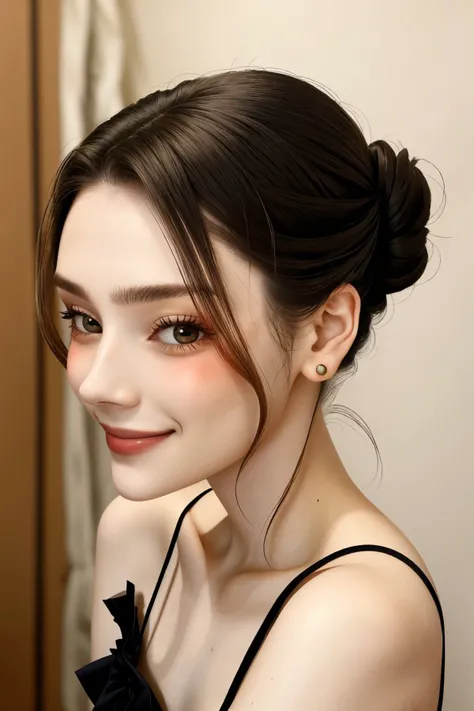 portrait <lora:MaryAmber_v1-000020:.9> MaryAmber, focus on smiling face, wearing a ballgown , her hair is styled as half-up bun hair,