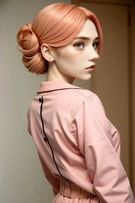 headshot <lora:MaryAmber_v1-000020:.9> MaryAmber, focus on face, from behind wearing cosplay clothing , her Peach rose color hair is styled as Straight Chignon,