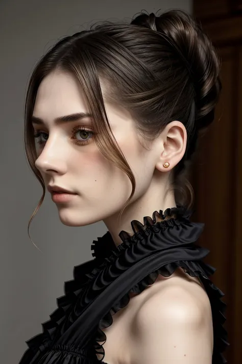 headshot <lora:MaryAmber_v1-000020:.9> MaryAmber, focus on face, from behind wearing victorian clothing , her dark pine hair is styled as twisted ponytail hair,