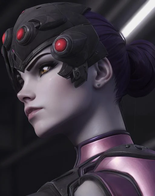 a close up of a woman with a helmet on and red eyes