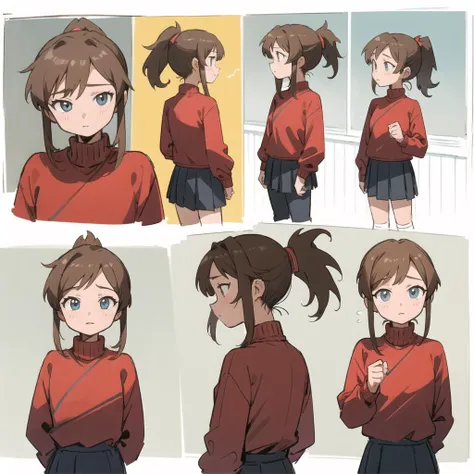 <lora:style05:0.6>,(masterpiece, best quality)), multiple girls, multiple views, comic, digusted face, koma, border, chibi, simple background, ponytail,  skirt, brown hair, light blue eyes, red sweater, long sleeves, pants, white socks, indoors