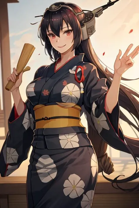 best quality, masterpiece, highres, solo, {yukata:1.40}, {kimono:1.20}, {nagato_kantaicollection:1.15}, black_hair, long_hair, red_eyes, breasts, hair_between_eyes, headgear, large_breasts, smile