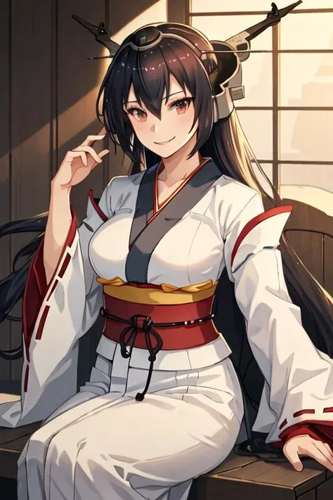 best quality, masterpiece, highres, solo, {white kimono:1.35}, {red hakama:1.35}, {wide sleeves:1.20}, {nagato_kantaicollection:1.15}, black_hair, long_hair, red_eyes, breasts, hair_between_eyes, headgear, large_breasts, smile