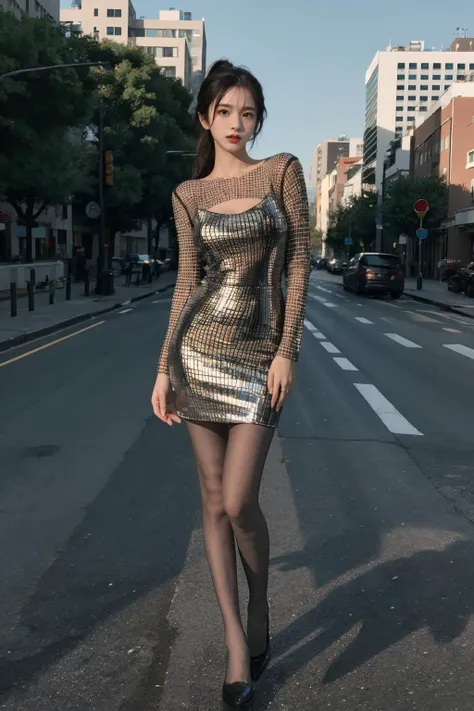 araffe in a metallic dress on a city street