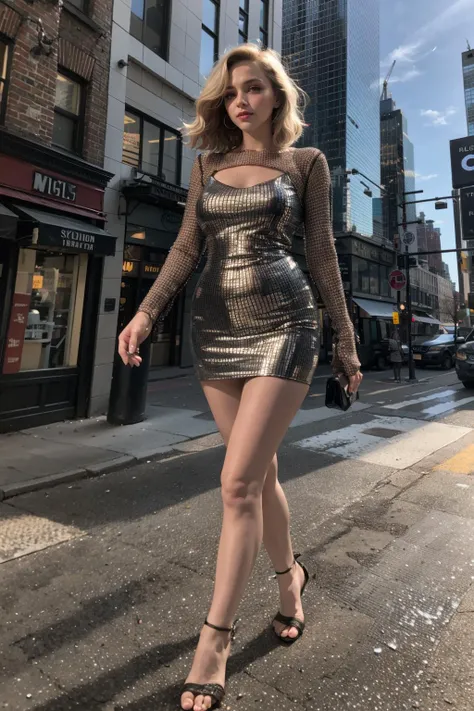 a woman in a metallic dress walking down a street