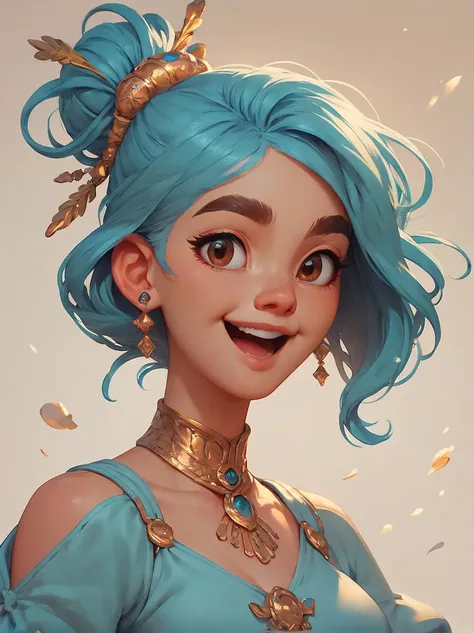 a woman with blue hair and a gold necklace and earrings